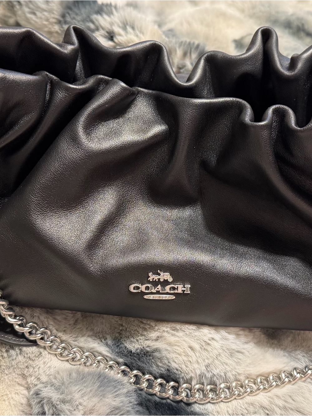 Coach Black Ruched Leather Shoulder Bag with Silver Chain Strap